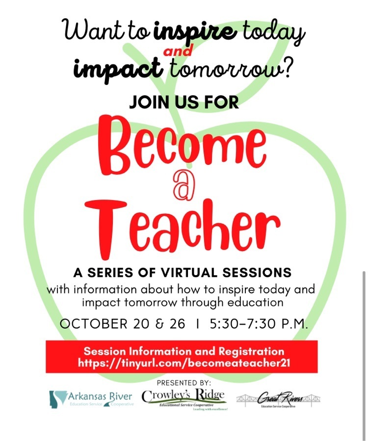 CRESC along with Great Rivers ESC and Arkansas River ESC will be hosting a Become A Teacher Event.  The first session will be Oct 20, 2021 from 5:30-7:30 pm and the second session will be  Oct 26, 2021 from 5:30-7:30 pm.